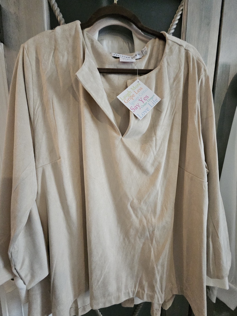 Gretchen Scott Designs Soft Beige V-Neck, faux Suede Tunic